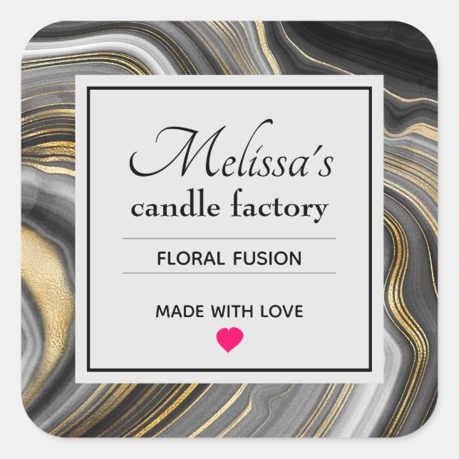 Modern Gold & Grey Agate Geode Gemstone Candle Biz Square Sticker (Front)