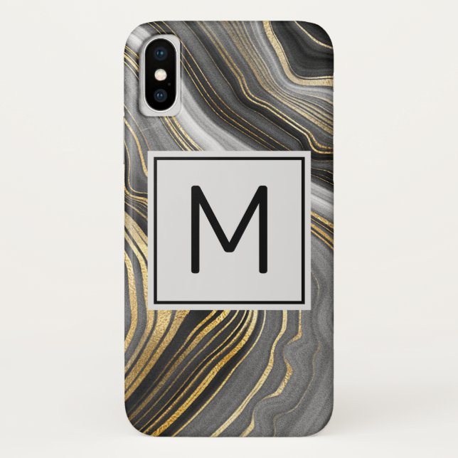 Modern Gold & Grey Agate Geode Mineral Monogram Case-Mate iPhone Case (Back)