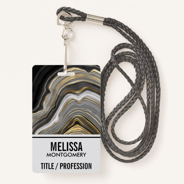 Modern Gold & Grey Agate Geode Mineral Monogram ID Badge (Front with Lanyard)