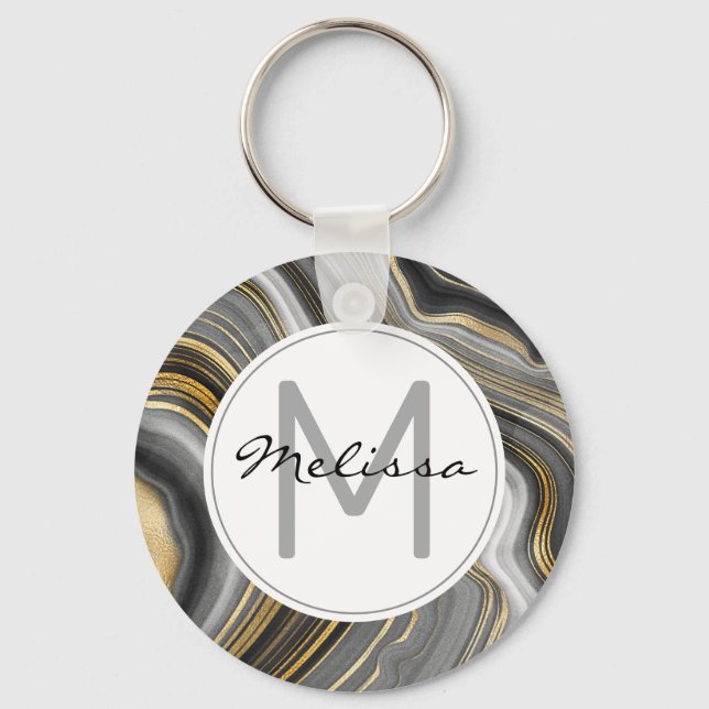 Modern Gold & Grey Agate Geode Mineral Monogram Key Ring (Front)