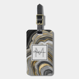 Modern Gold & Grey Agate Geode Mineral Monogram Luggage Tag