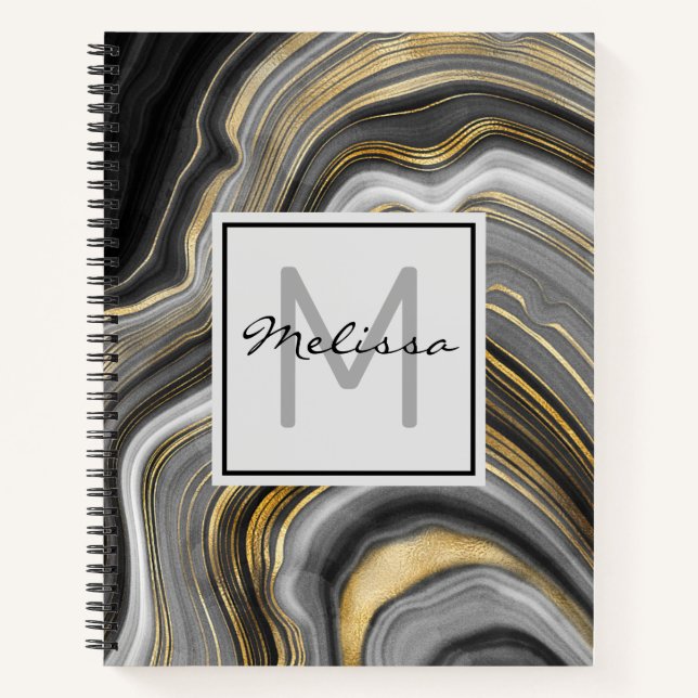 Modern Gold & Grey Agate Geode Mineral Monogram Notebook (Front)