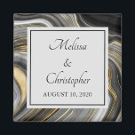 Modern Gold & Grey Agate Geode Mineral Wedding Magnet<br><div class="desc">A wedding magnet with an abstract design with an agate geode mineral pattern. Gold,  grey,  white,  and black swirl together forming elegant waves of colour. 
A light grey square with a thin black border layered over top with your text inside.
Perfect for conveying an air of class and elegance.</div>
