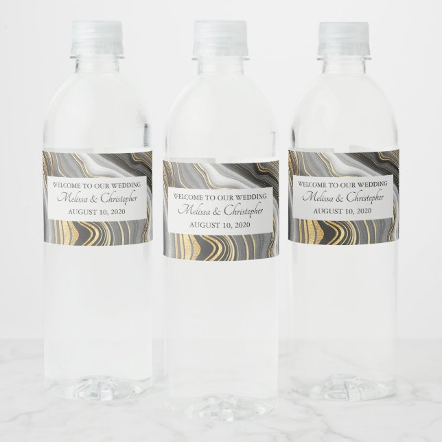 Modern Gold & Grey Agate Geode Mineral Wedding Water Bottle Label (Bottles)