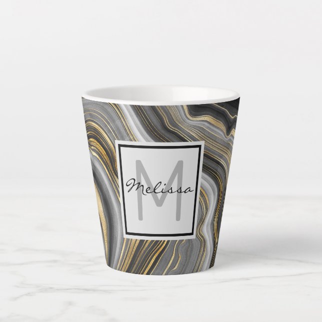Modern Gold & Grey Agate Geode Monogram Latte Mug (Front)