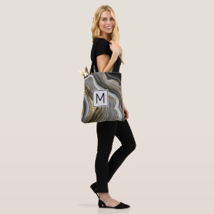 Modern Gold & Grey Agate Geode Monogram Tote Bag