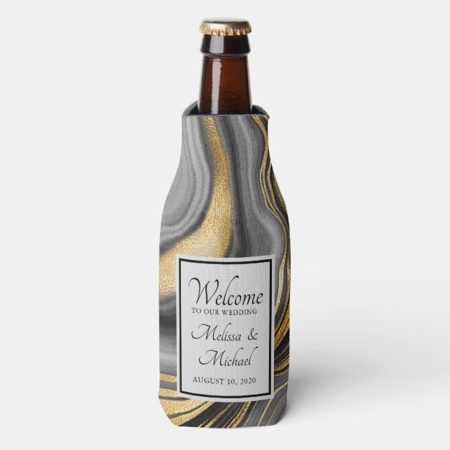 Modern Gold & Grey Agate Geode Wedding Bottle Cooler (Bottle Front)