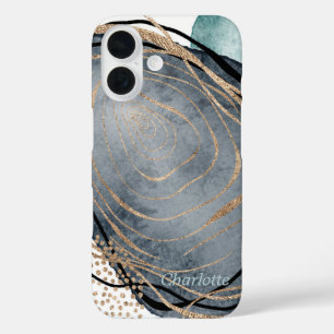 Modern gold grey green faux glitter marble iPhone 16 case