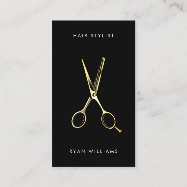 Modern gold hair stylist salon scissor minimalist business card (Front)