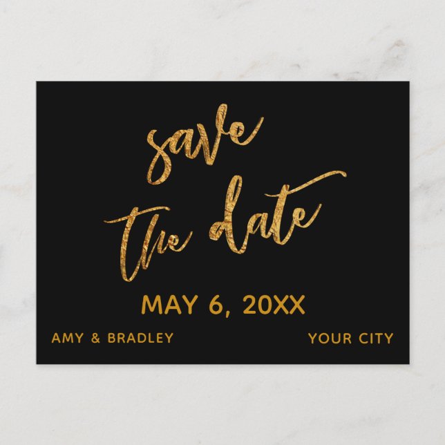 Modern Gold Handwriting Black Save the Date Announcement Postcard (Front)