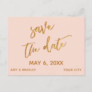 Modern Gold Handwriting Blush Pink Save the Date Announcement Postcard