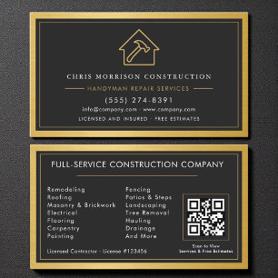 Modern Gold Handyman QR Code Black Business Card