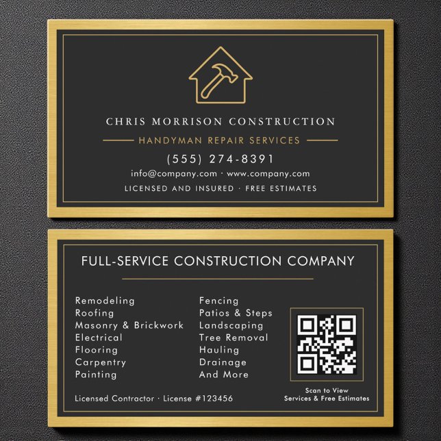 Modern Gold Handyman QR Code Black Business Card (Creator Uploaded)