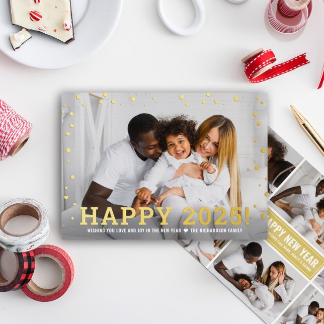 Modern Gold Happy New Year 2025 Photo Collage Foil Holiday Card (Creator Uploaded)