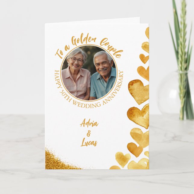 Modern Gold Heart 50th Wedding Anniversary Card (Front)