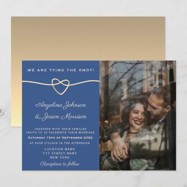Modern Gold Heart Blue Photo Wedding Invitation (Front/Back)