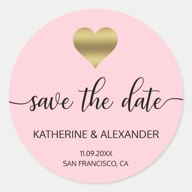 Modern Gold Heart Blush Pink Wedding SAVE THE DATE Classic Round Sticker (Front)