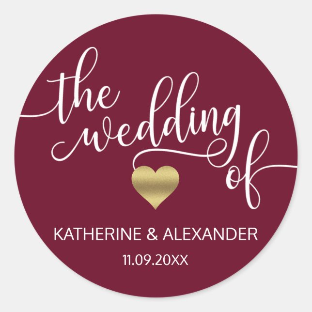 Modern Gold Heart Burgundy THE WEDDING OF Seals (Front)