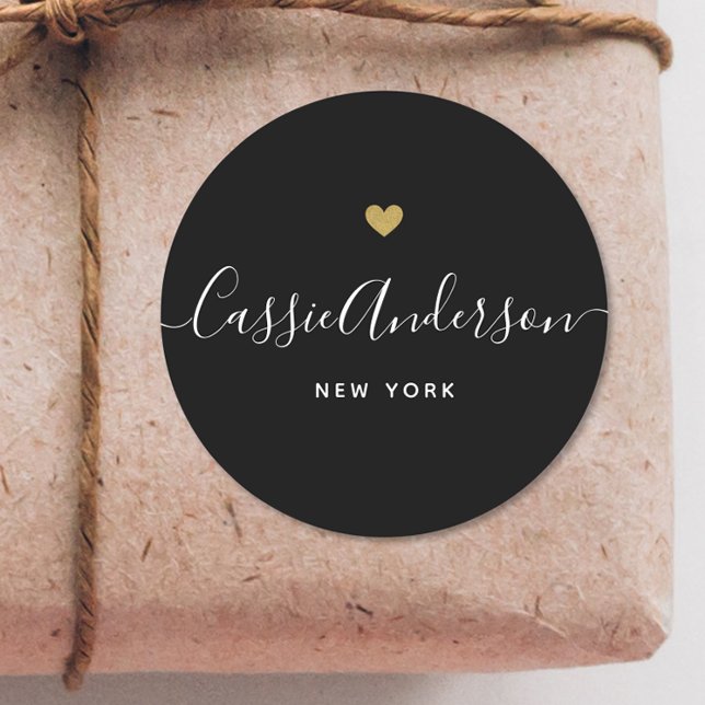 Modern Gold Heart Calligraphy Brand Name Black Classic Round Sticker (Creator Uploaded)