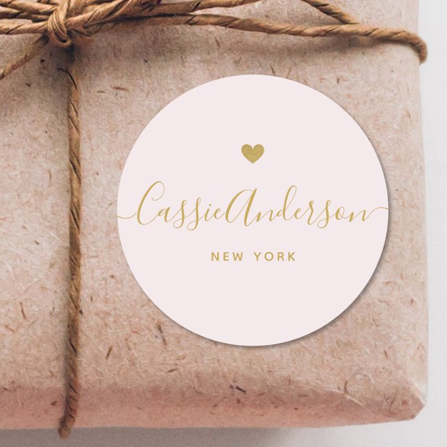 Modern Gold Heart Calligraphy Brand Name Pink Classic Round Sticker (Creator Uploaded)