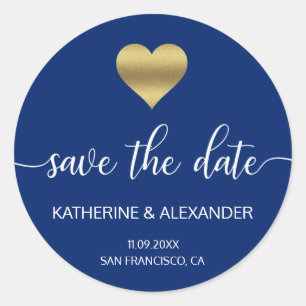 Modern Gold Heart Navy Blue Wedding SAVE THE DATE Classic Round Sticker