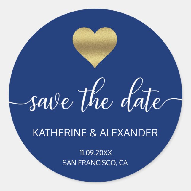 Modern Gold Heart Navy Blue Wedding SAVE THE DATE Classic Round Sticker (Front)