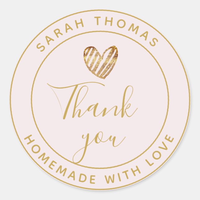 Modern Gold Heart Personalised Homemade with Love  Classic Round Sticker (Front)