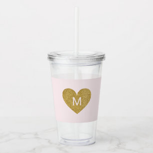 Modern Gold Heart Personalised Monogram Pink Acrylic Tumbler