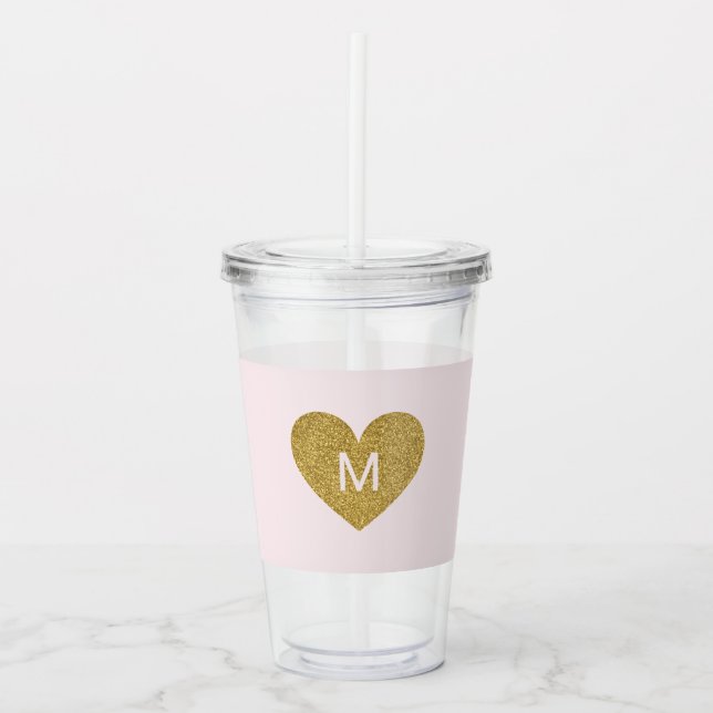 Modern Gold Heart Personalised Monogram Pink Acrylic Tumbler (Front)