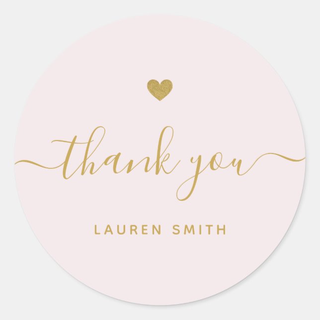 Modern Gold Heart Personalised Thank You Pink Classic Round Sticker (Front)