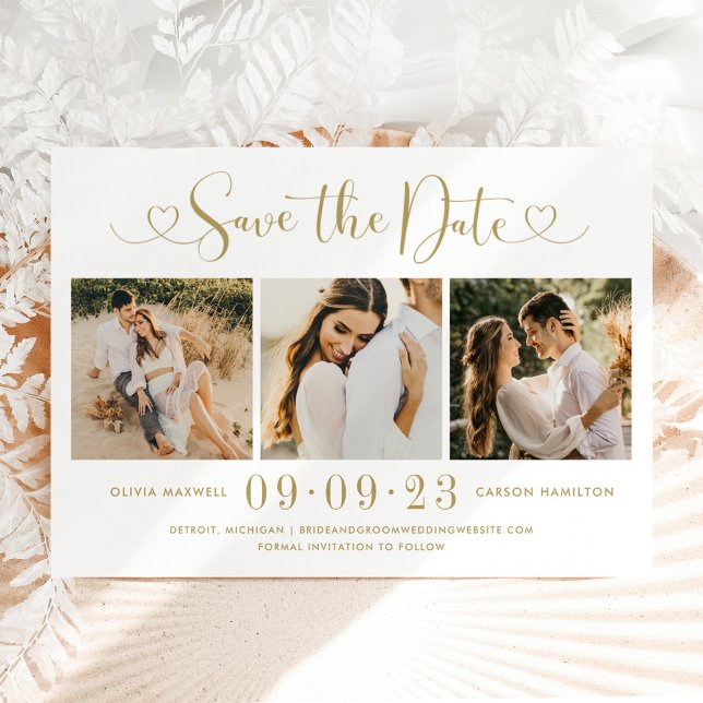 Modern Gold Heart Script 3 Photo Wedding Collage Save The Date (Creator Uploaded)