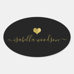 Modern Gold Heart Script Name Oval Sticker