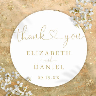 Modern Gold Heart Script Thank You Wedding Favour Classic Round Sticker