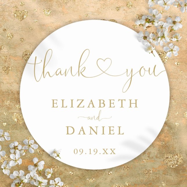Modern Gold Heart Script Thank You Wedding Favour Classic Round Sticker (Modern Gold Heart Script Thank You Wedding Favor Classic Round Sticker)