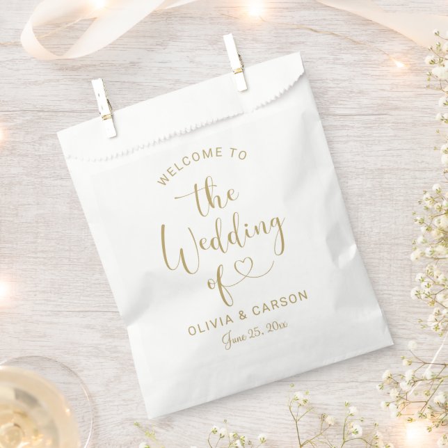Modern Gold Heart Script Wedding Welcome Favour Bags (Clipped)