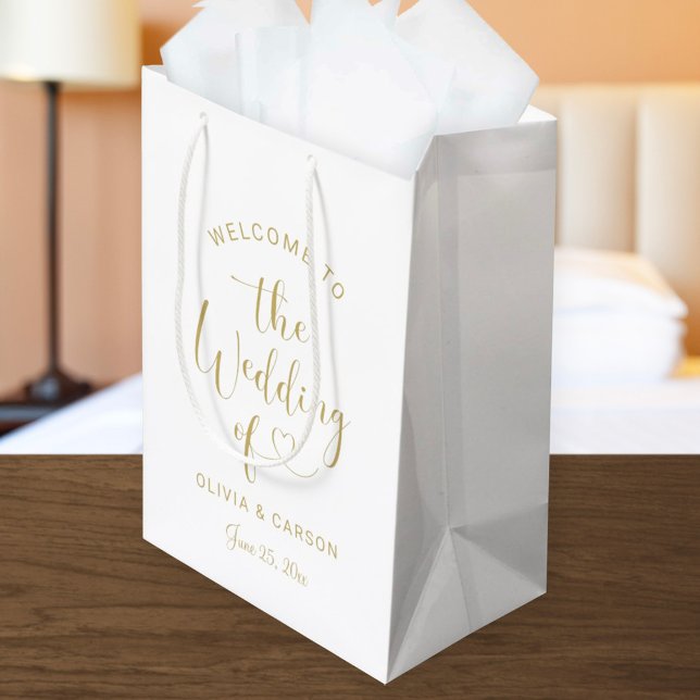 Modern Gold Heart Script Welcome Wedding Medium Gift Bag (Creator Uploaded)