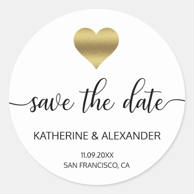 Modern Gold Heart White Wedding SAVE THE DATE Classic Round Sticker (Front)