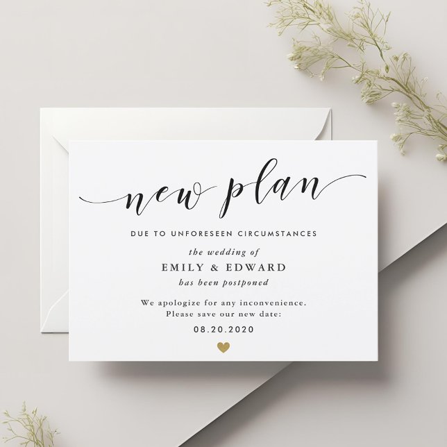 Modern Gold Hearts New Plan Wedding Postponement Invitation (Creator Uploaded)