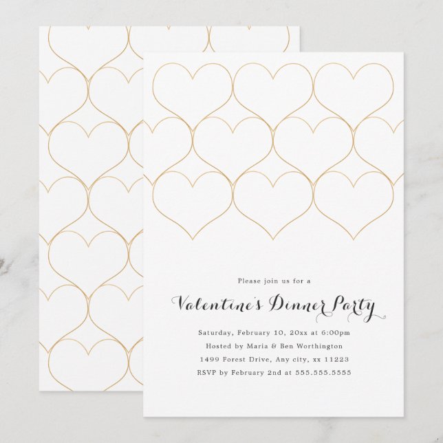 Modern Gold Hearts Valentine's Day Dinner Party Invitation (Front/Back)
