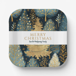 Modern Gold Holiday Forest Custom Christmas Paper Plate