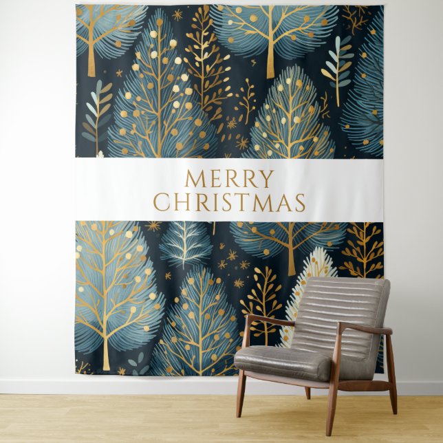 Modern Gold Holiday Forest Merry Christmas Tapestry (In Situ)