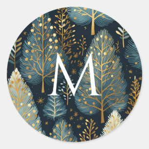 Modern Gold Holiday Forest Monogram Christmas Classic Round Sticker