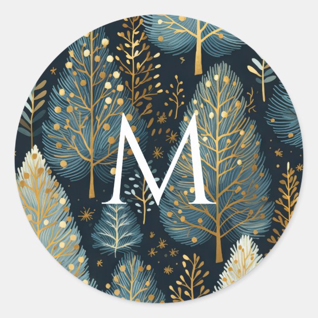 Modern Gold Holiday Forest Monogram Christmas Classic Round Sticker (Front)