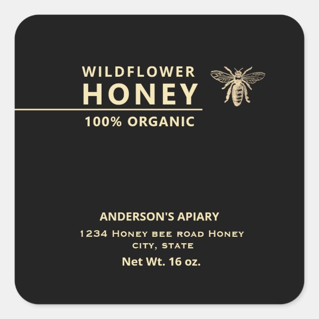 Modern  gold honey bee honey jar square sticker (Front)