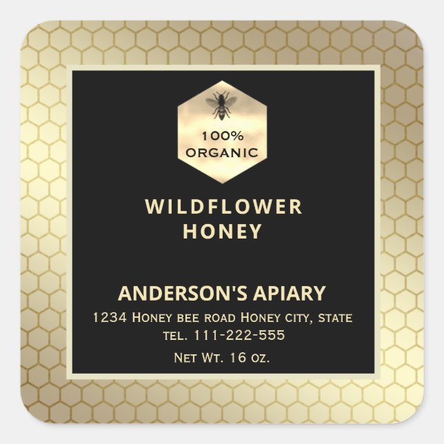 Modern gold  honeybee honey jar label (Front)