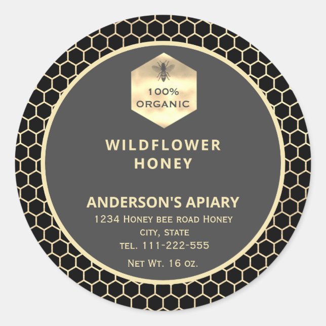 Modern gold  honeybee honey jar label (Front)