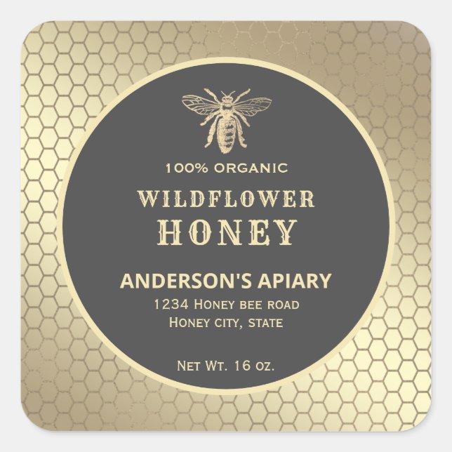 Modern gold  honeybee honey jar label (Front)