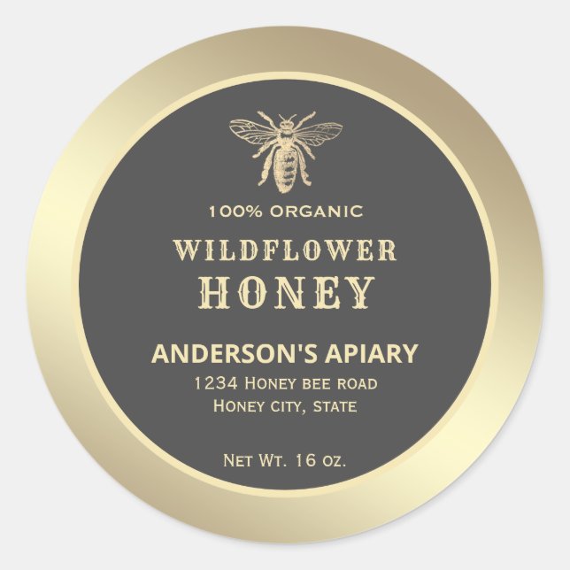 Modern gold  honeybee honey jar label (Front)