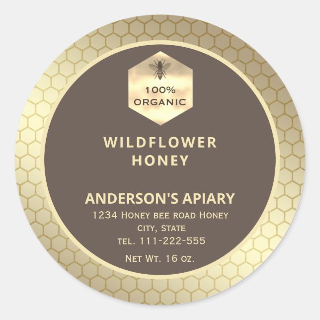 Modern gold  honeybee honey jar label (Front)