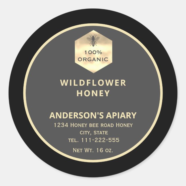 Modern gold  honeybee honey jar label (Front)